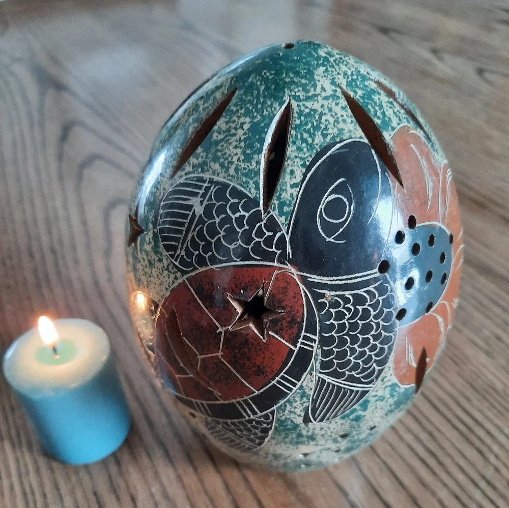 Pottery pierced candle holder turtle tribal folk art glazed terra cotta